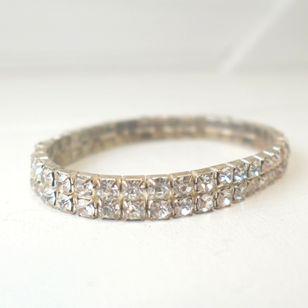 Vintage Stretch Rhinestone Bracelet Silver Tone Two Strands Formal Mod Retro